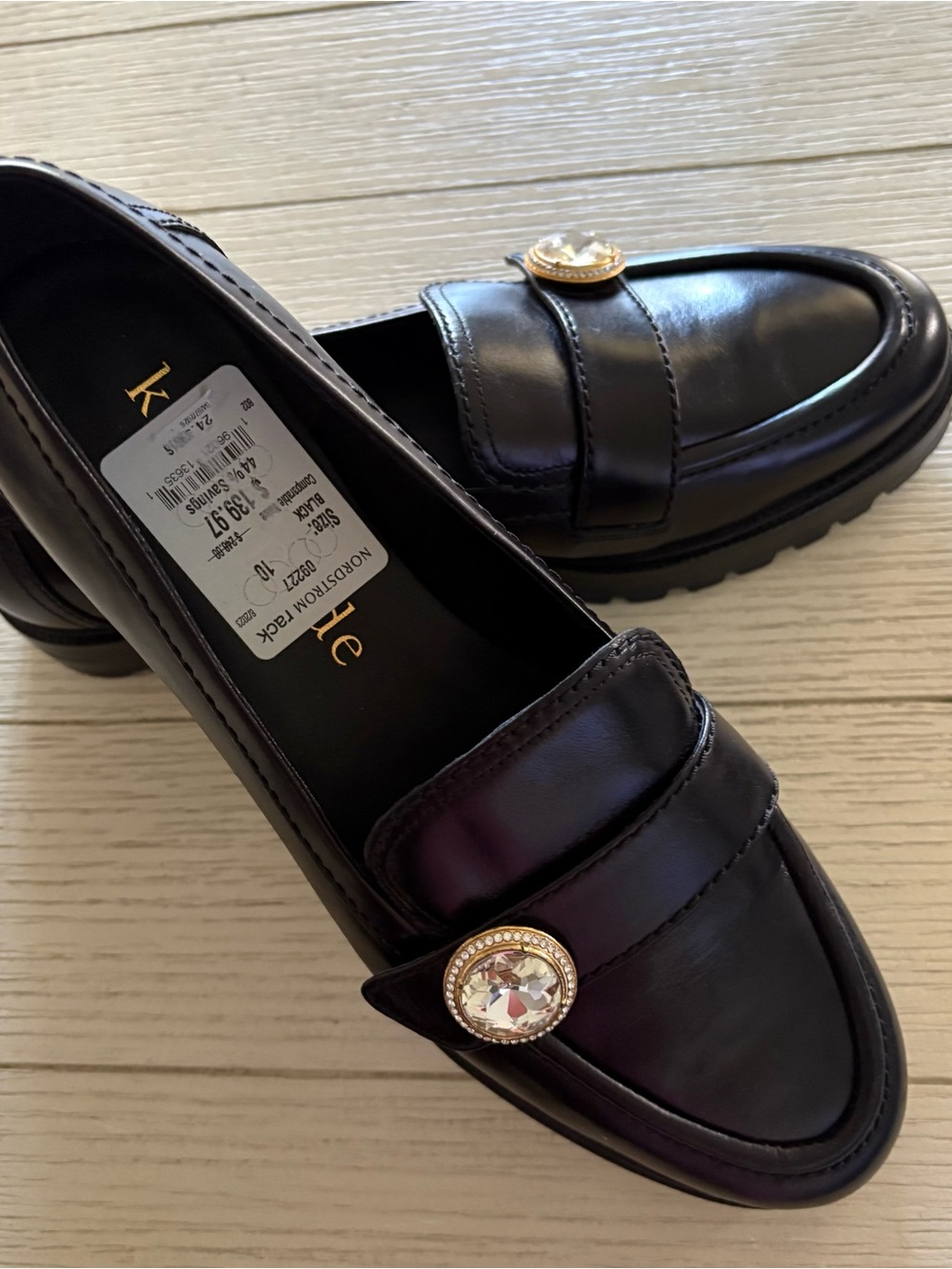 kate spade Black Leather Loafers with Gold Jewel Accent